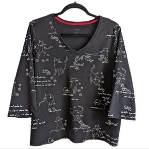 Alia Cat Print Black V-Neck Top - 2X